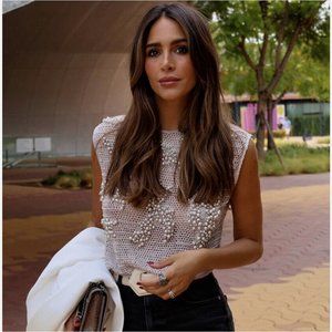 ZARA KNITWEAR TOP WITH FAUX PEARLS LIMITED EDITION LIGHT GREY S M REF. 7521/107